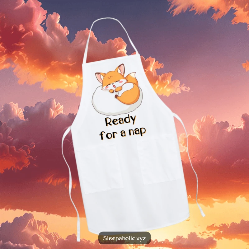 Funny yawning fox apron, showing a sleepy fox napping on a pillow, perfect for chefs and home cooks who love comfort.