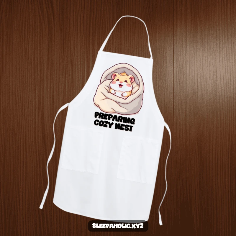 Funny hamster apron, showing a content hamster burrowing into blankets, perfect for chefs and home cooks who love coziness.