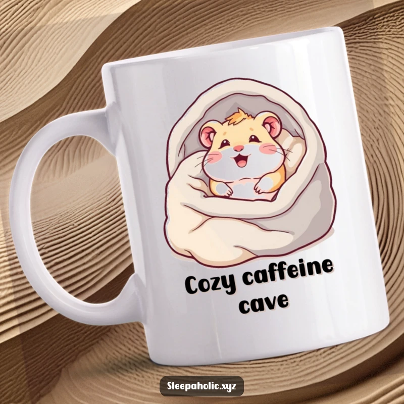 Funny hamster mug, joyfully burrowing into a huge pile of soft blankets, symbolizing ultimate comfort and coziness.