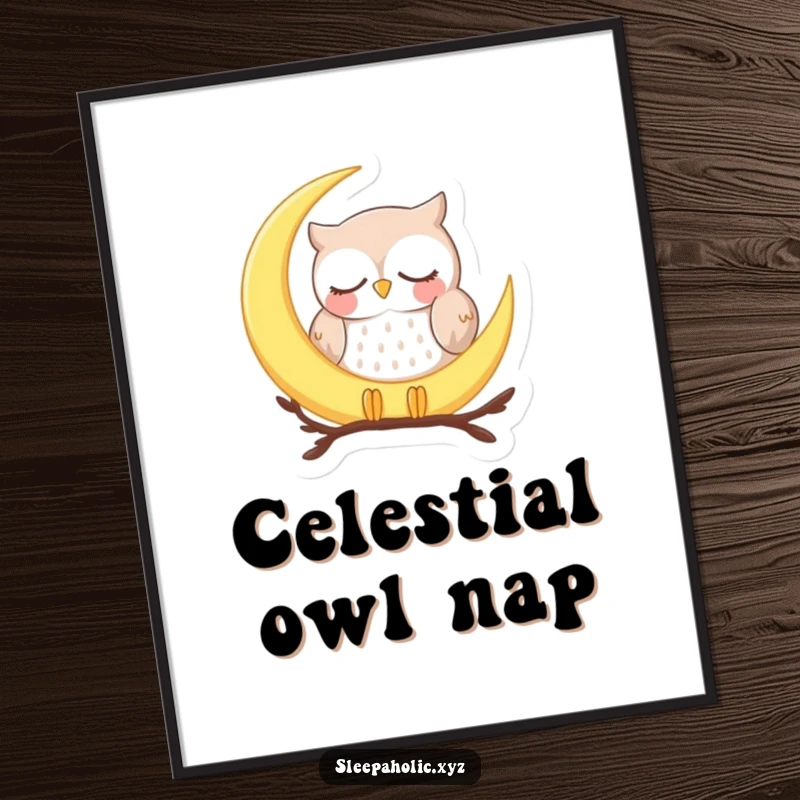 Funny sleepy owl digital art print, depicting a peaceful owl dozing on a crescent moon, perfect for creating a tranquil atmosphere.