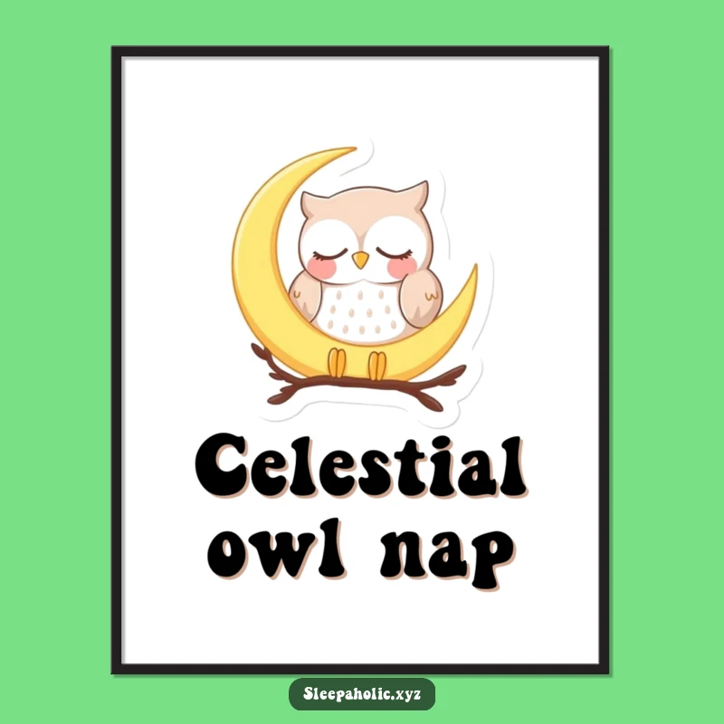 Funny Sleepy Owl Moon Digital Art Print - Hilarious Peaceful Wall Decor