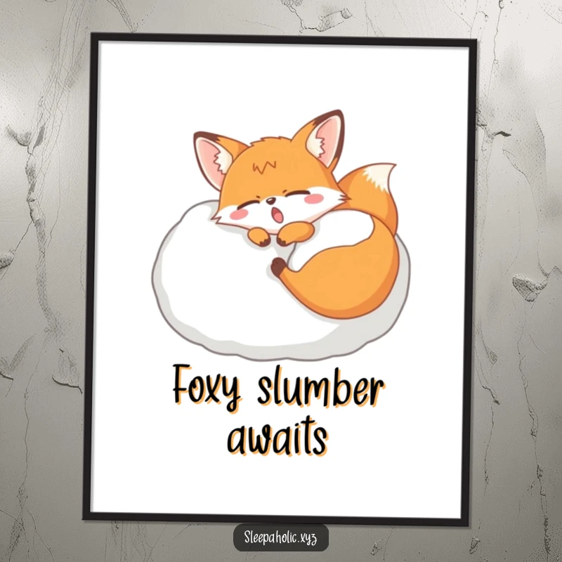 Funny yawning fox digital art print, depicting a sleepy fox dozing on a giant pillow, perfect for creating a relaxing atmosphere.