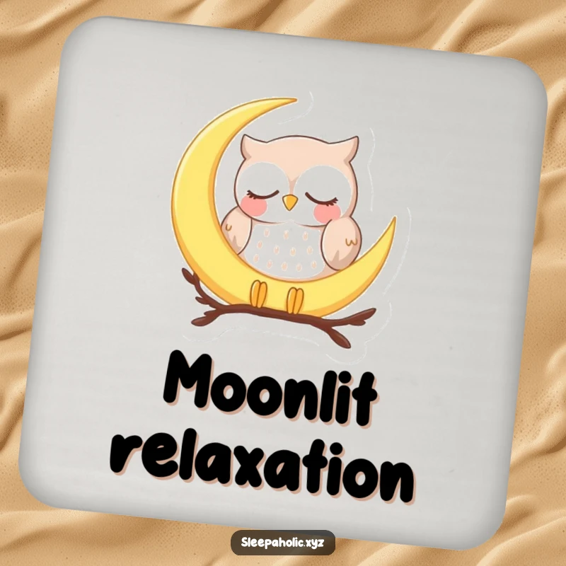 Funny sleepy owl coasters, showing a peaceful owl dozing on a crescent moon, protecting tables with celestial charm.