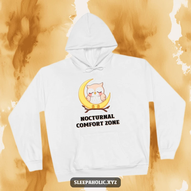 Funny sleepy owl hoodie, showing a peaceful owl dozing on a crescent moon, perfect for ultimate warmth and cozy nights.