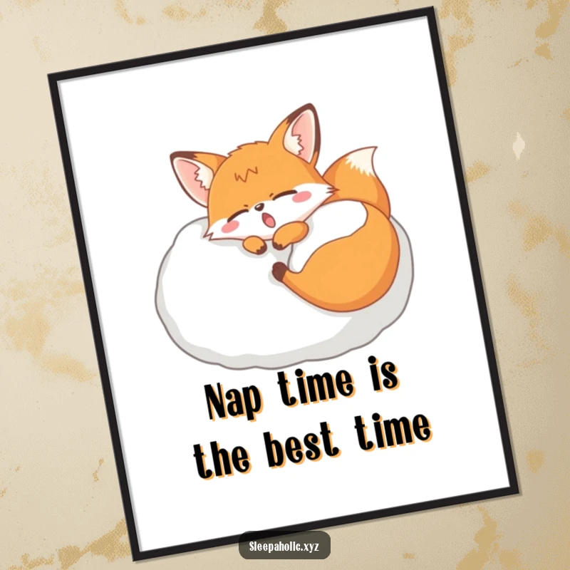 Funny Free Printable Wall Art: Yawning fox fast asleep on an oversized fluffy pillow, embodying pure comfort and peace.