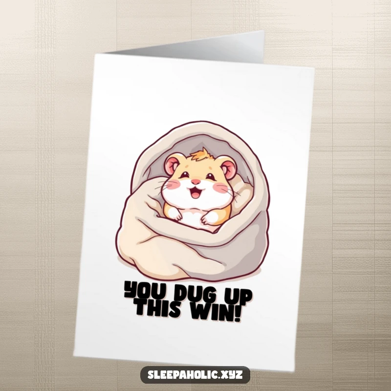 Funny Free Printable Congratulations Card: Happy hamster burrowing deep into a mountain of blankets, signifying cozy contentment and success.