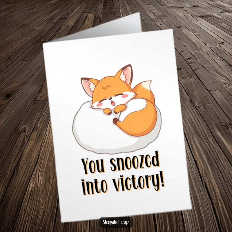 Funny Free Printable Congratulations Card: Relaxed fox peacefully dozing on a giant pillow, radiating ultimate comfort and congratulatory calm.