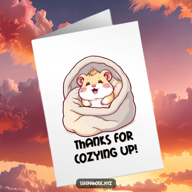 Funny Free Printable Thank You Card: Content hamster joyfully burying itself in soft blankets, conveying heartfelt thanks.