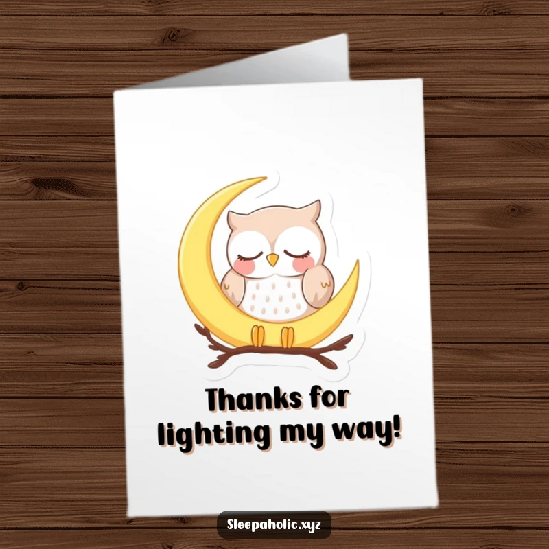 Funny Free Printable Thank You Card: Happy owl dozing on a crescent moon, conveying serene gratitude and peaceful thoughts.