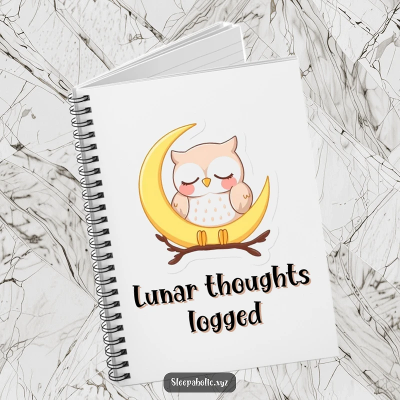 Funny sleepy owl notebook, featuring a peaceful owl dozing on a crescent moon, ideal for notes and journaling.