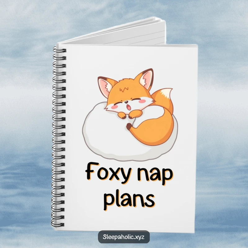 Funny yawning fox notebook, featuring a sleepy fox napping on a fluffy pillow, ideal for notes and journaling.